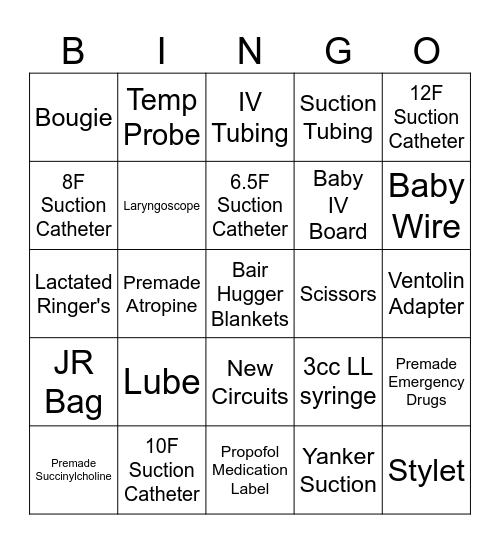 Anesthesia Carts Bingo Card