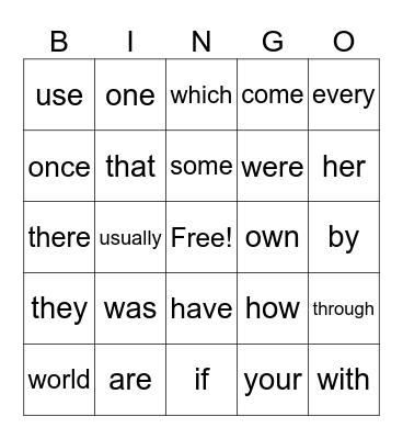 5th Grade Sight Words Bingo Card