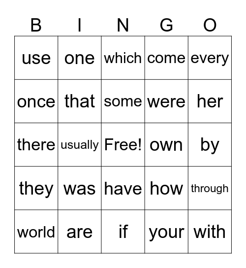 5th Grade Sight Words Bingo Card