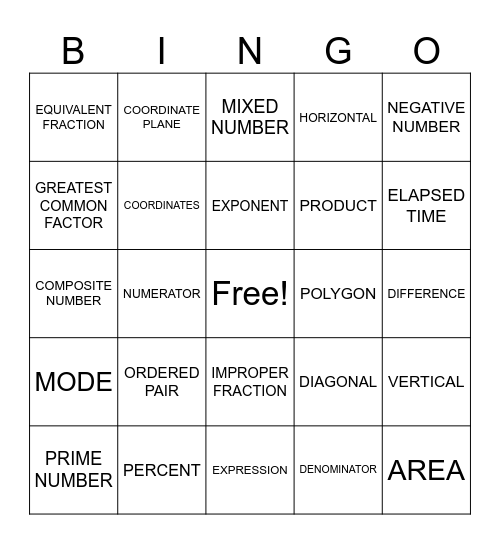 Math 6 Vocabulary Final Review Bingo Card