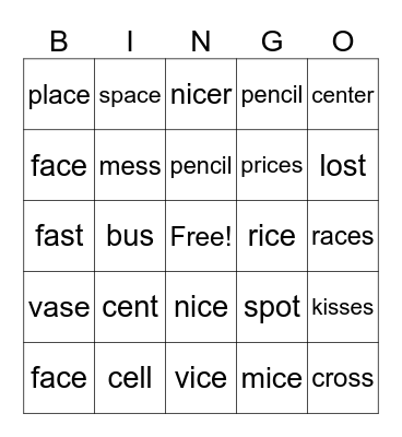 When c sounds like s Bingo Card
