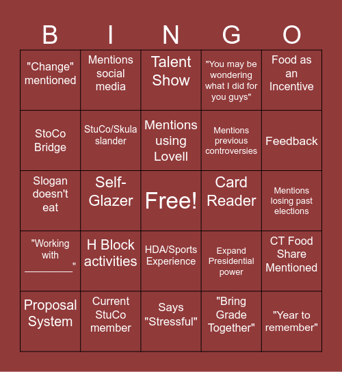 StuCo Elections Bingo Card