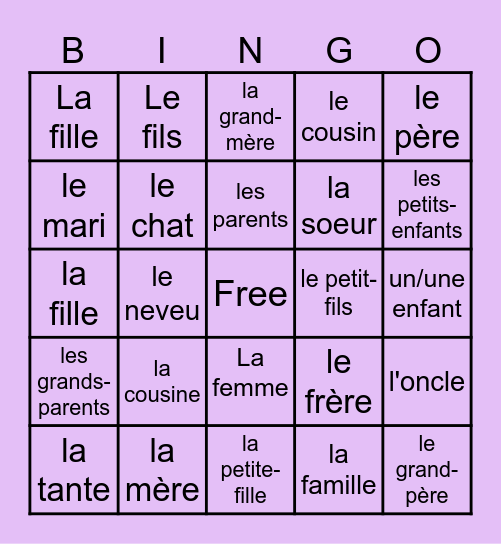 French Family Members Bingo Card