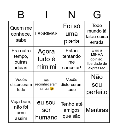 Bingo de desculpas Bingo Card