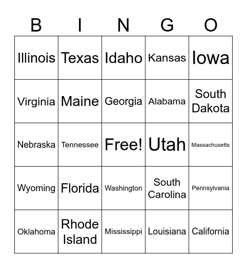 License Plate Bingo Card