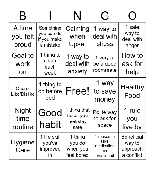 Independent Living Skills Bingo Card