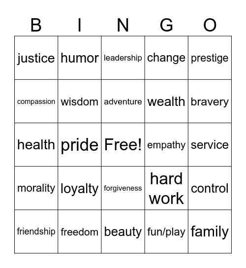 Values Bingo Card