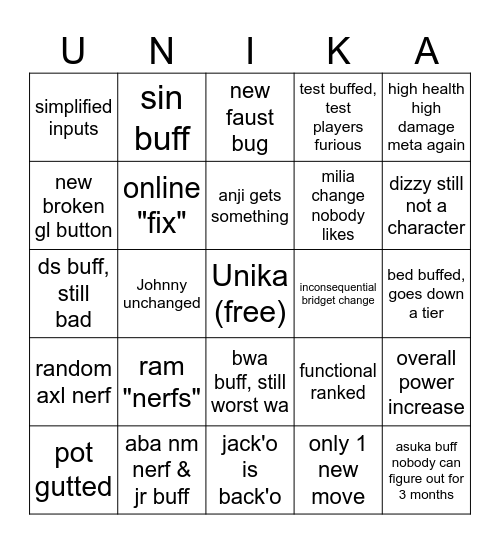 Unika Patch Bingo Card