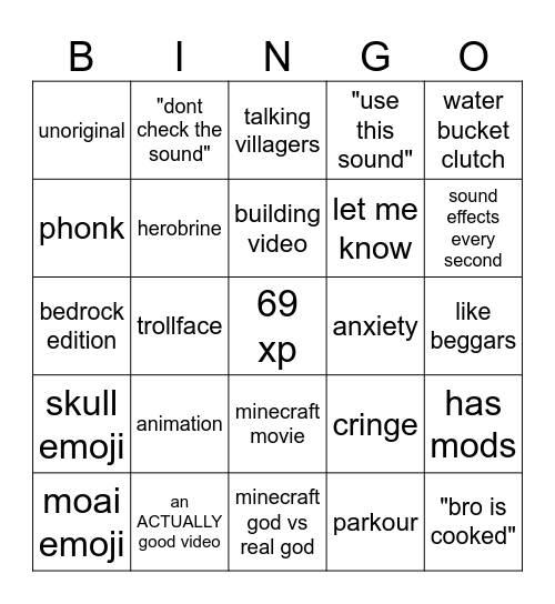 minecraft shorts bingo Card