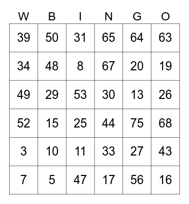 Number Bingo 1-75 Bingo Card