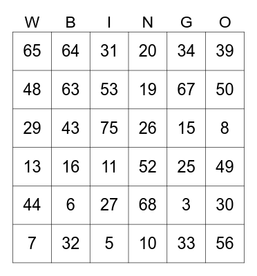 Number Bingo 1-75 Bingo Card