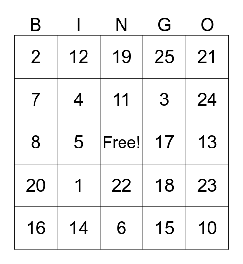 Number Bingo 1-50 Bingo Card