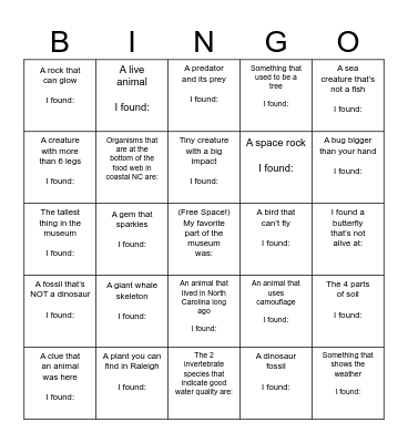 Science Museum Scavenger Hunt Bingo Card