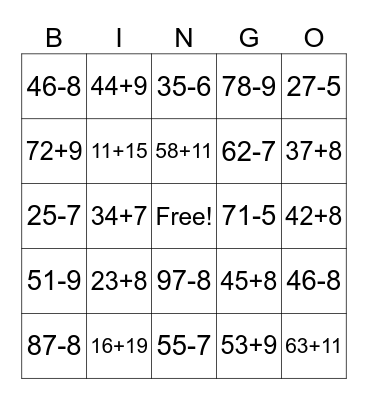 Addition and Subtraction Bingo Card