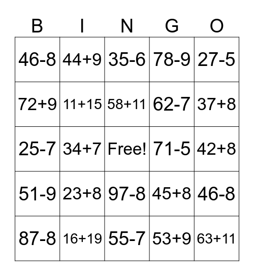Addition and Subtraction Bingo Card