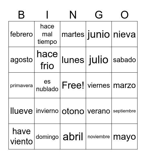 Tiempo Bingo Card