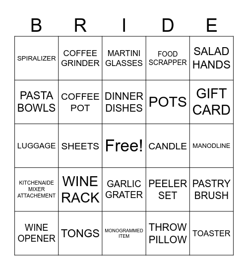 DANIELLE'S BRIDAL SHOWER BINGO Card