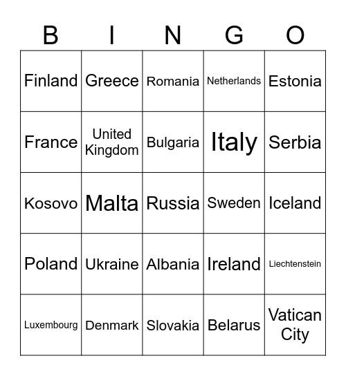 Europe Bingo Card