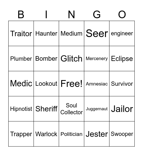 ToU Roles Bingo Card