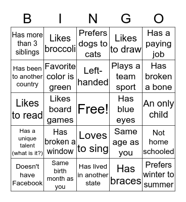 Get to Know You Bingo Card