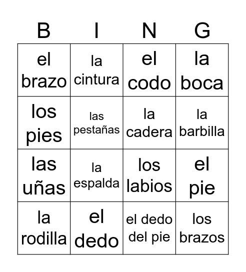 Las Partes del Cuerpo Bingo Card