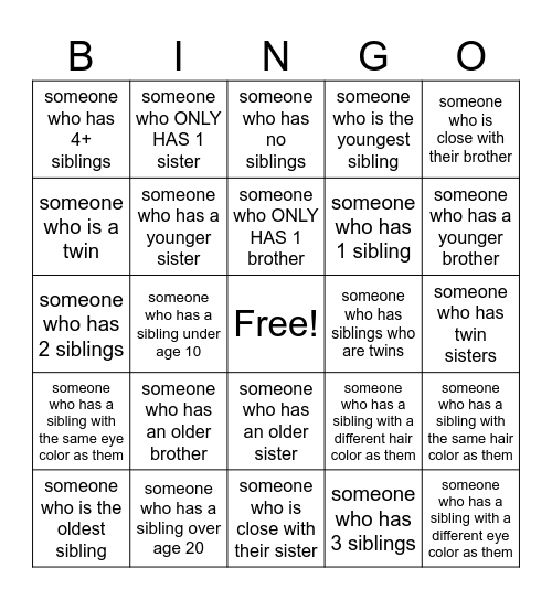 Classmate Bingo - Siblings Bingo Card
