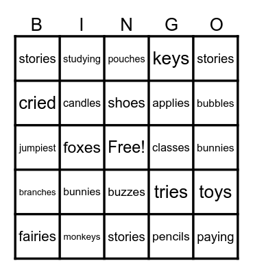 Plurals and -est -ing words Bingo Card