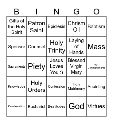 Confirmation Bingo Card
