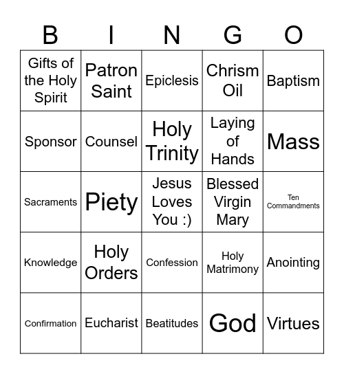 Confirmation Bingo Card