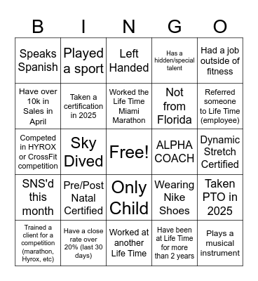 Life Time Bingo Card