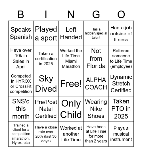 Life Time Bingo Card
