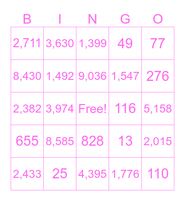 Place Value Bingo Card