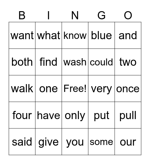 Heart Words Bingo Card