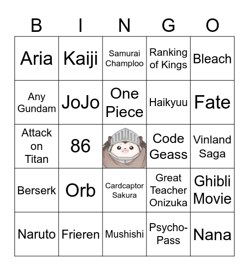 Anime Music Quiz Bingo Card