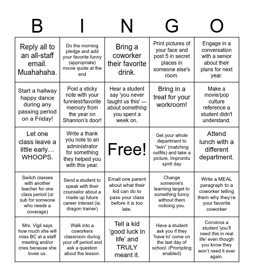 End of Year BC Staff BINGO Card