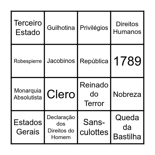 Revolução Francesa Bingo Card
