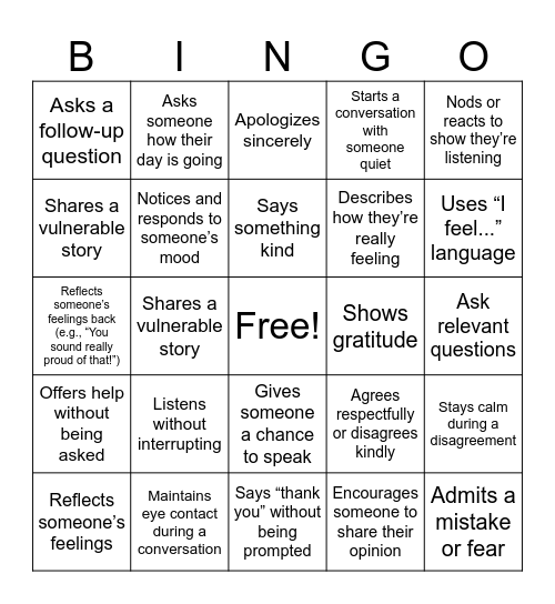 Empathy and Communication Bingo Card
