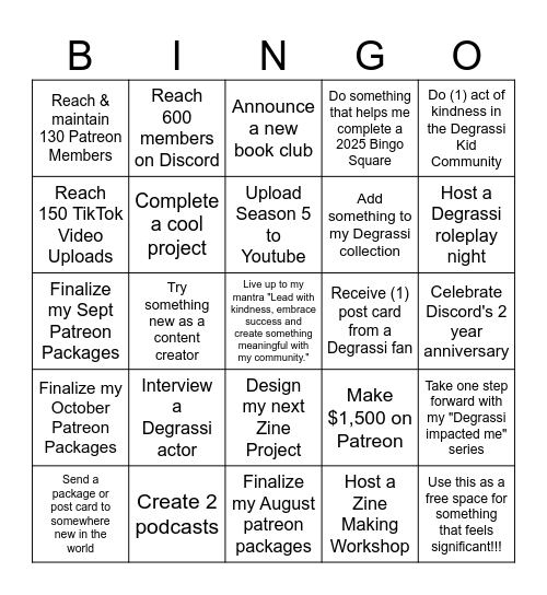 Degrassi Kid Bingo Card Bingo Card