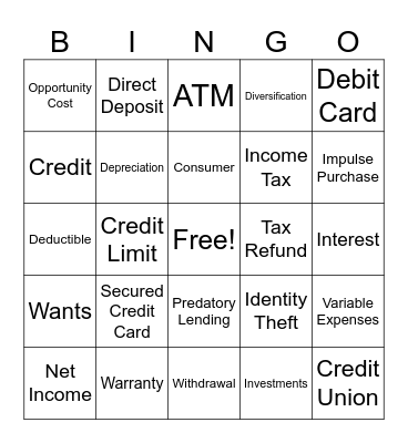 Personal Finance BINGO Card