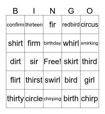 "ir" Phonics Pattern Bingo Card