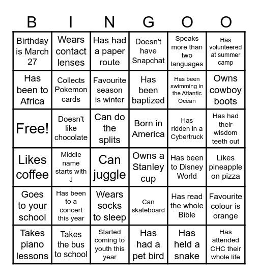 Middle School Bingo Card