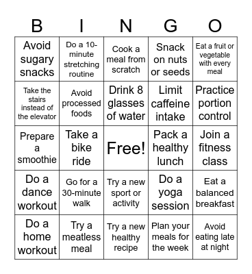 Stay Active Eat Healthy Bingo Card