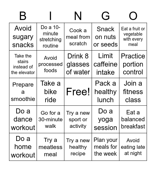 Stay Active Eat Healthy Bingo Card