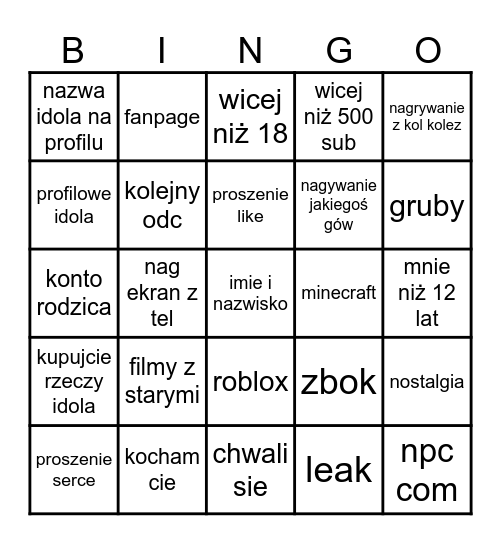 bingo youtuber Bingo Card