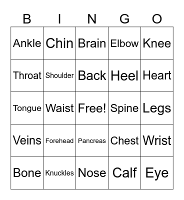 Health Vocabulary Bingo Card