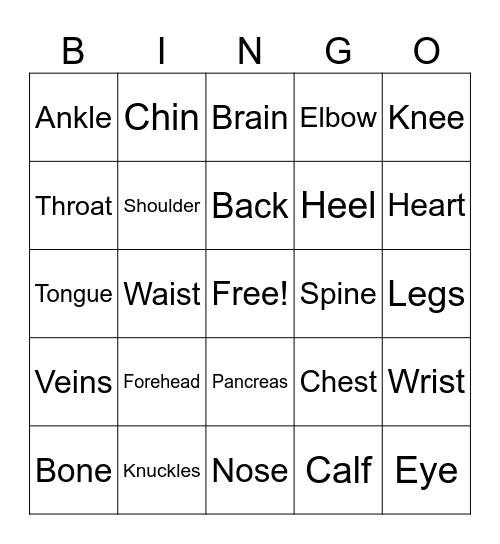Health Vocabulary Bingo Card