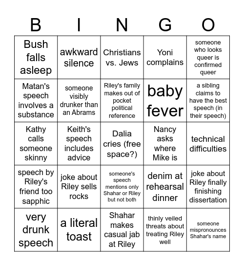 Rehearsal Dinner Bingo Card