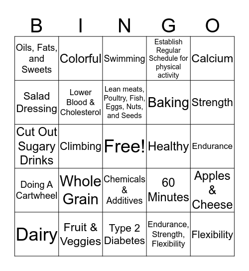 Healthy Food & Exercise  Bingo Card