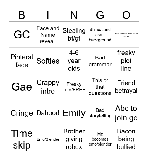 Cringe Roblox videos. Bingo Card