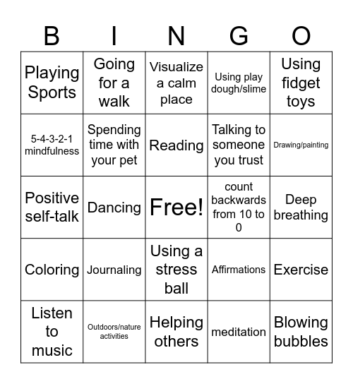 Coping Skills Bingo Card
